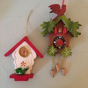 Vintage Christmas Ornaments Painted Wood Cuckoo Clocks Set of 2
